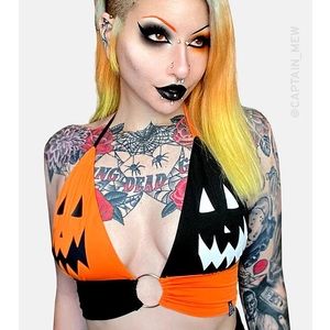 B1G1🌸 Forest Ink Jack o Lantern Pumpkin Halter Ring Top Bra